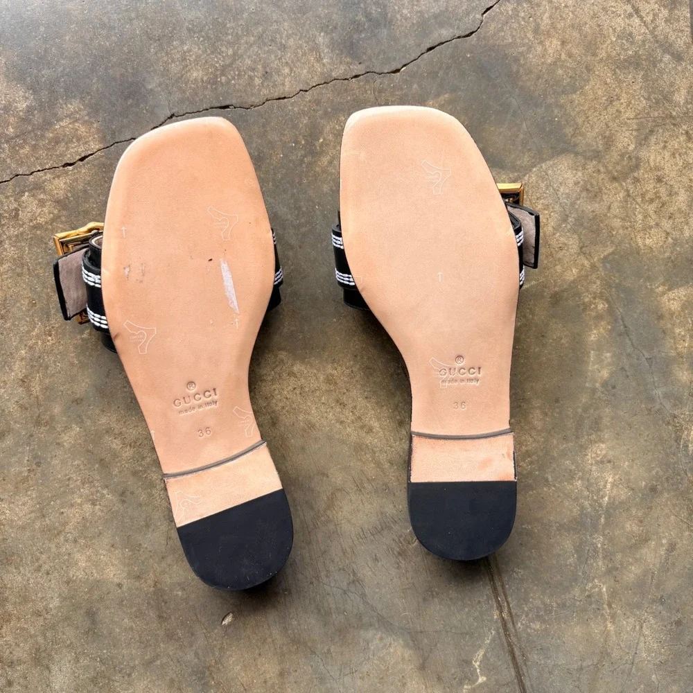Gucci Bamboo Buckle Slide Sandals‎ Black Leather Contrast Stitch Square Toe 36